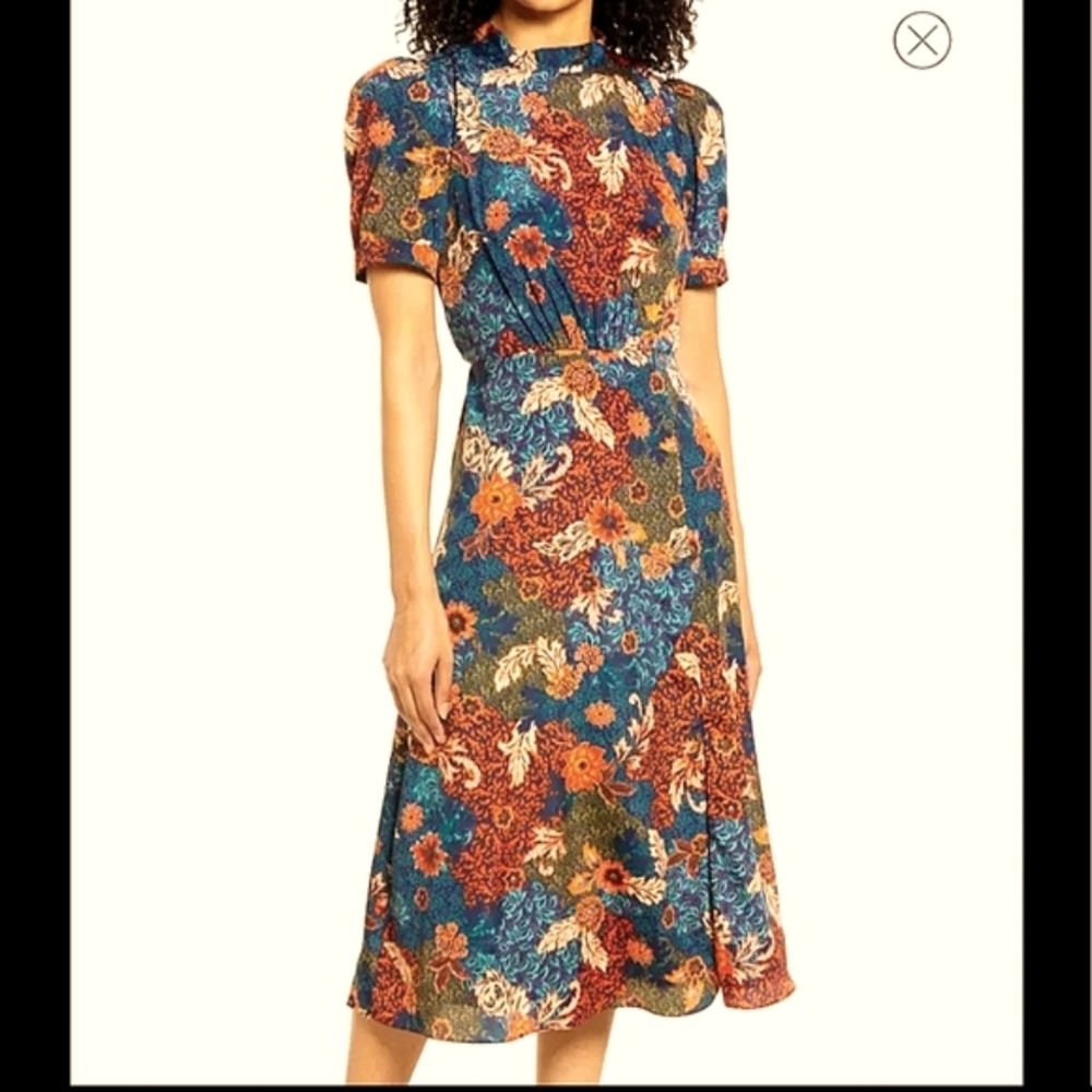 Julia Jordan black orange blue floral puff short sleeve midi dress size 8